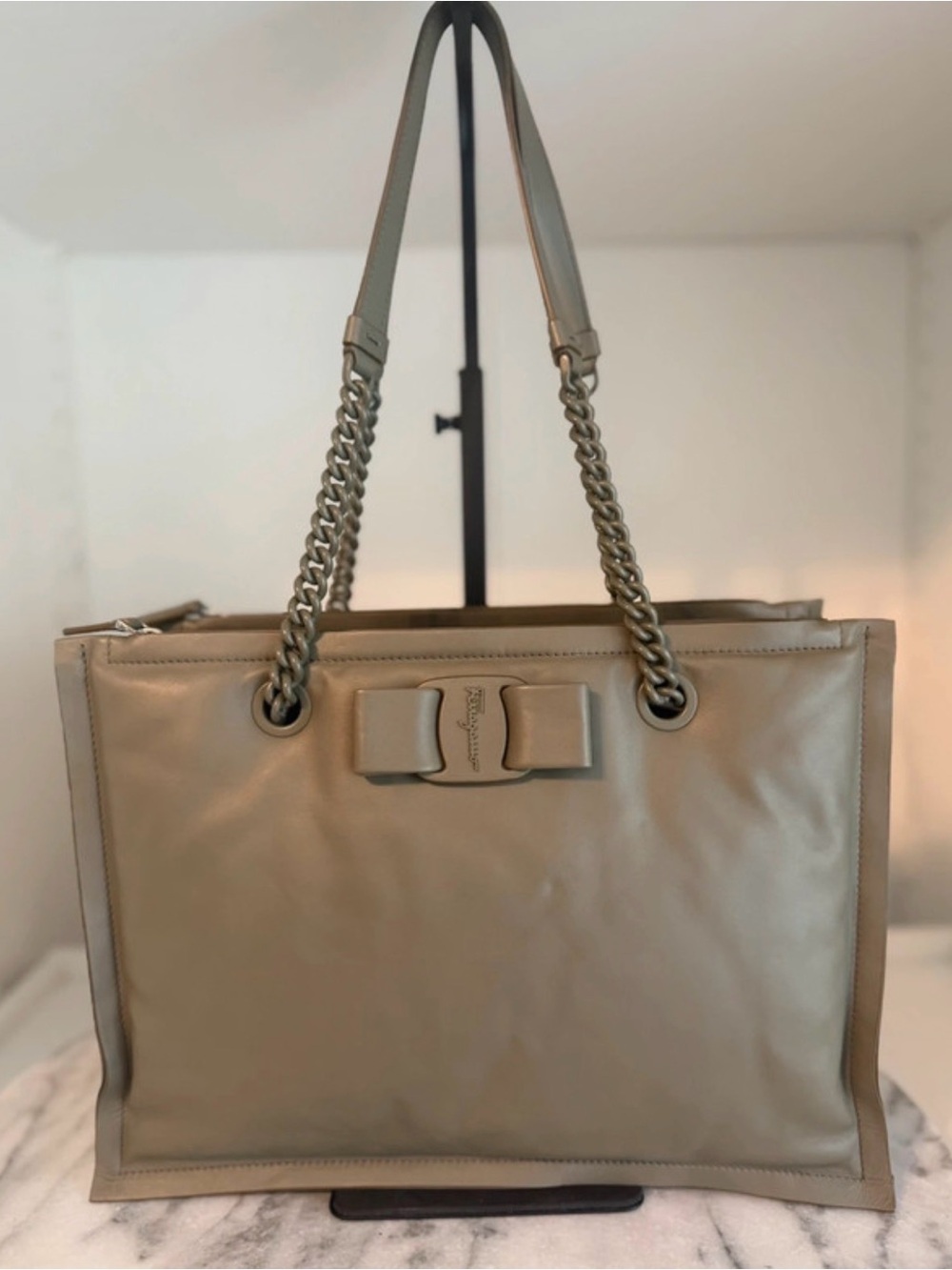 Salvatore Ferragamo Taupe Leather Tote with Signature Bow
